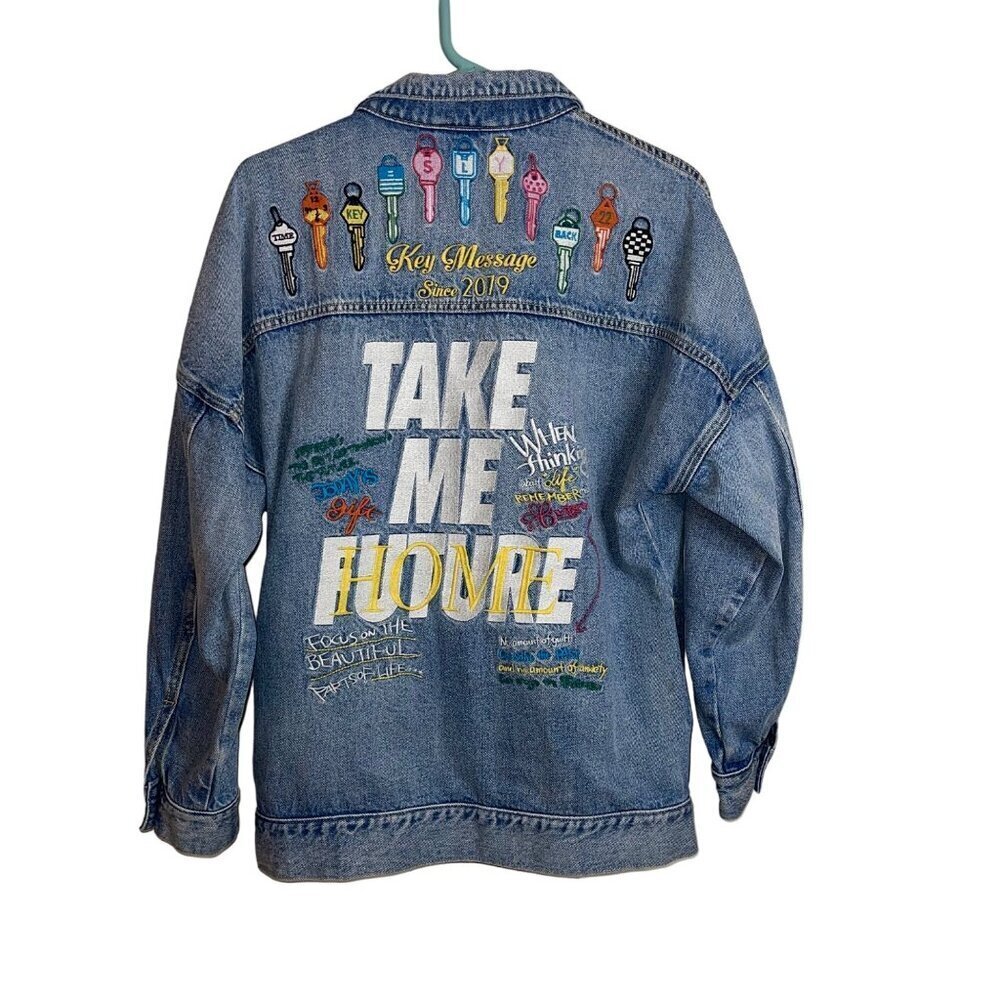 Sly Jeans Vintage Mens Jacket One Size Blue Denim Future Theme Embroidered